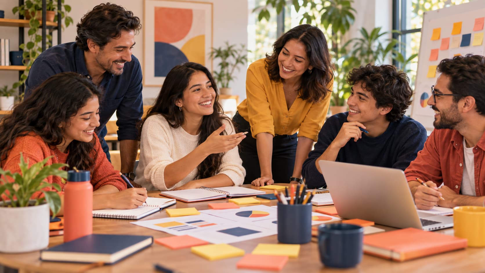 Equipo diverso compartiendo ideas en una mesa de trabajo con materiales de colores y laptop
