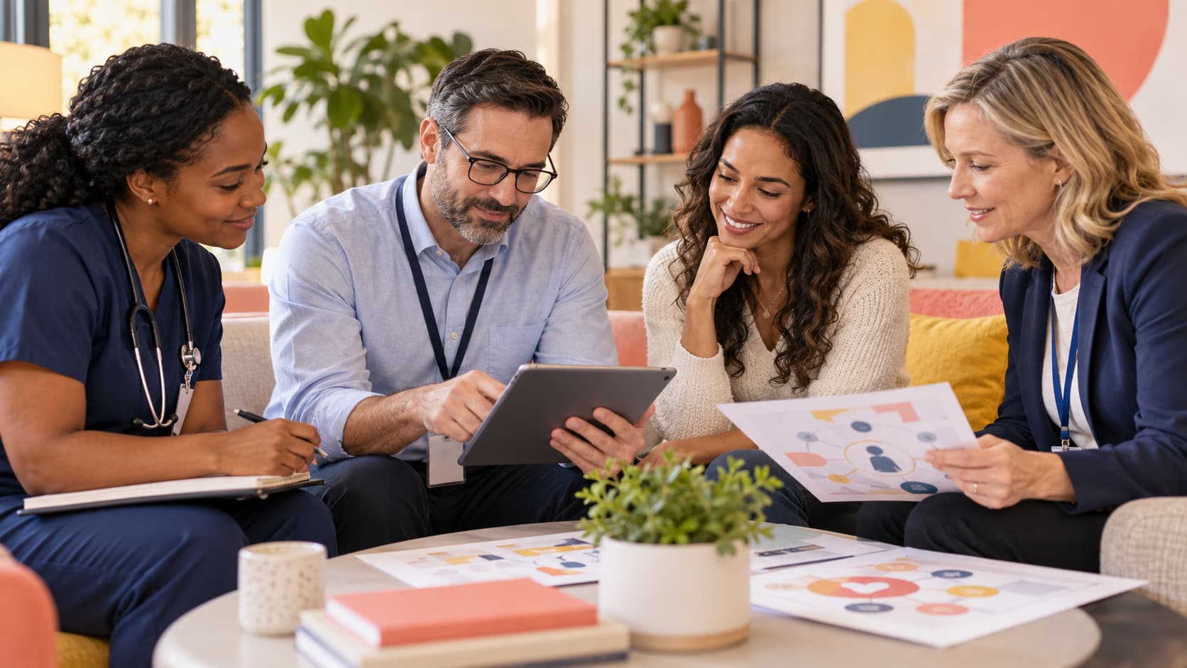 Profesionales del área de la salud y social revisando información en tablet y documentos
