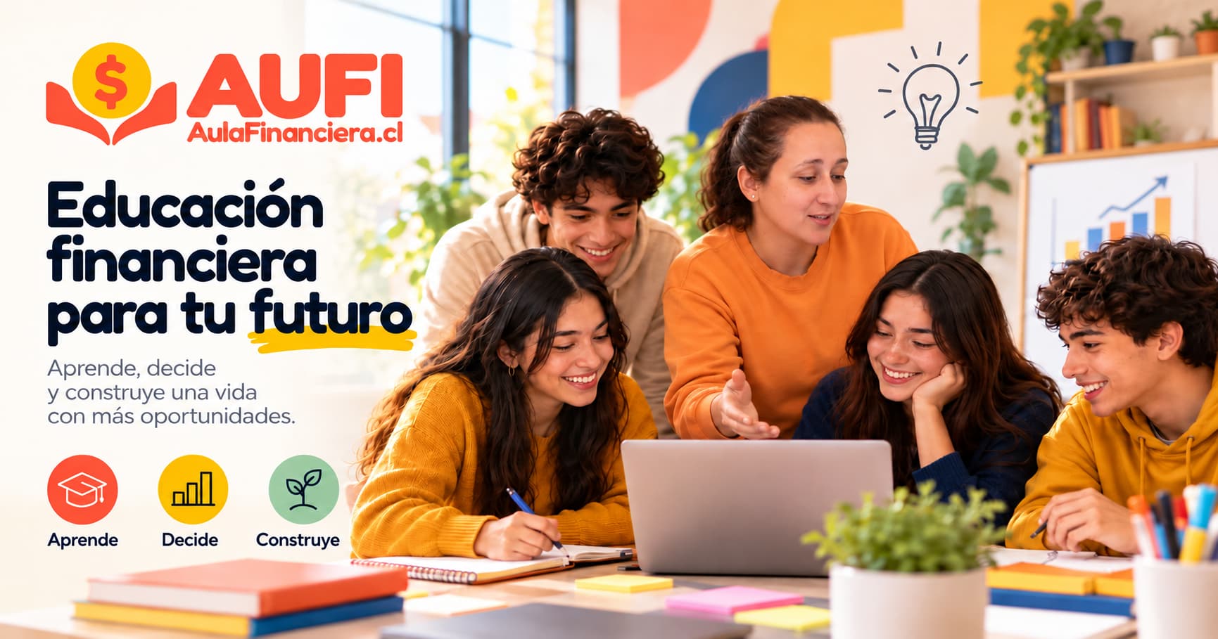 Estudiantes de enseñanza media participando en una actividad colaborativa de educación financiera con tablet, cuadernos y gráficos